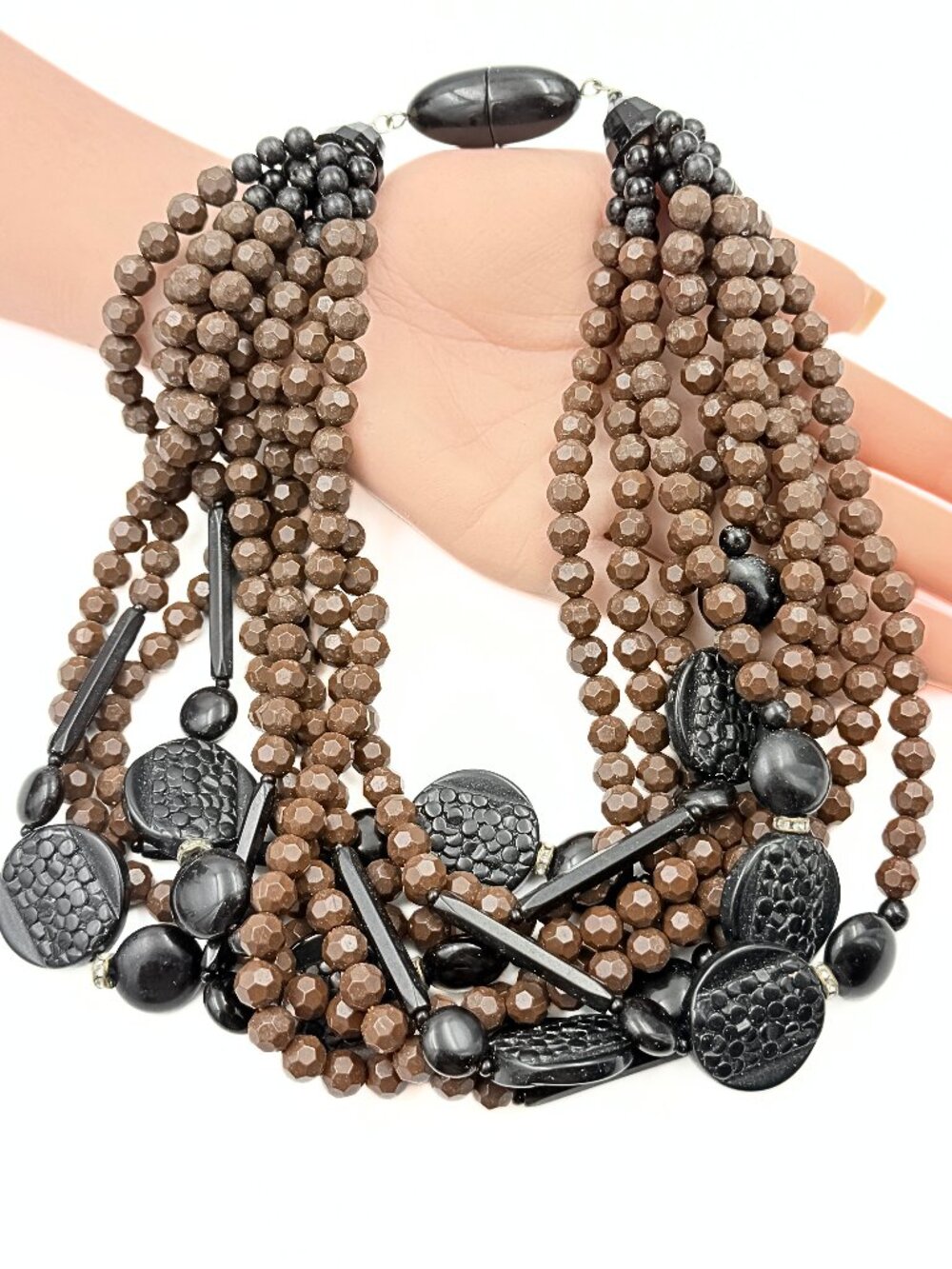 Angela Caputi Signed French Italy Brown Multi Strand Acrylic Boho Bib Necklace